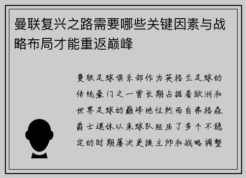曼联复兴之路需要哪些关键因素与战略布局才能重返巅峰 曼联复兴之路需要哪些关键因素与战略布局才能重返巅峰
