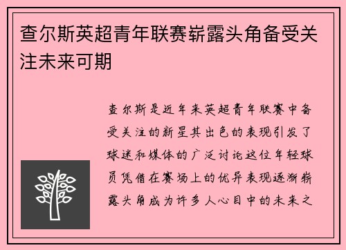 查尔斯英超青年联赛崭露头角备受关注未来可期
