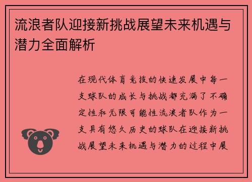 流浪者队迎接新挑战展望未来机遇与潜力全面解析 流浪者队迎接新挑战展望未来机遇与潜力全面解析