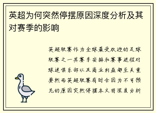英超为何突然停摆原因深度分析及其对赛季的影响 英超为何突然停摆原因深度分析及其对赛季的影响